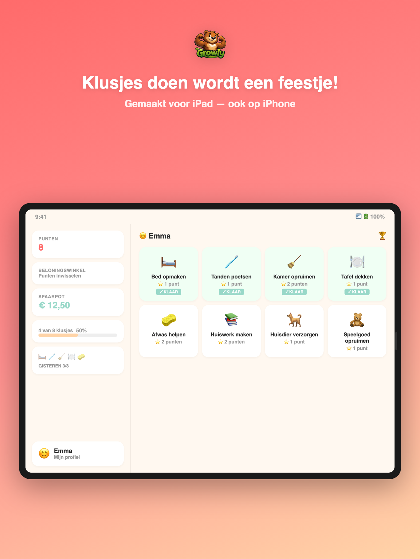 Growly op iPad, Klusjes Dashboard